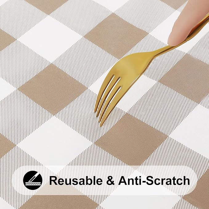 Smiry Rectangle Picnic Table Cloth, Elastic Waterproof Fitted Vinyl Tablecloths, Flannel Backed Buffalo Plaid Table Covers for Dining, Camping, Outdoor (White and Khaki, 30" x 96")