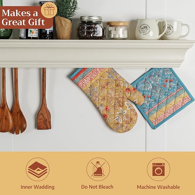 Maison d' Hermine 100% Cotton Oven Mitt & Pot Holder Set (7.5"x13" & 8"x8") Heat Resistant BBQ Cooking Gloves with Loop Baking Grilling Kitchen Hotel Home Farmhouse Spring Summer (Marquise)