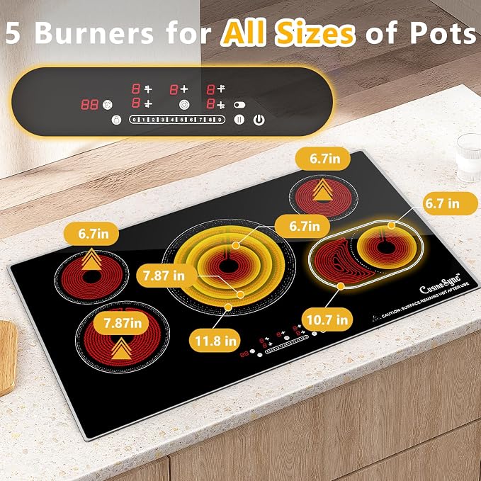 36 Inch Electric Cooktop 5 Burner Radiant Stove Top 9200W | 220-240V hardwired radiant cooktop with expandable zones independent timers overflow protection and flat-bottom cookware use