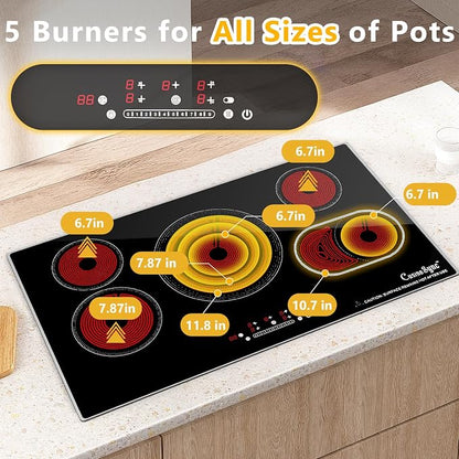 36 Inch Electric Cooktop 5 Burner Radiant Stove Top 9200W | 220-240V hardwired radiant cooktop with expandable zones independent timers overflow protection and flat-bottom cookware use
