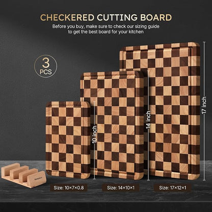 3 Packs Cutting Boards for Kitchen Checkered Cutting Board Acacia Wood Charcuterie Board Serving Heavy Duty Non Toxic Slip Butcher Block Wood Chopping Board with Juice Grooves Handles