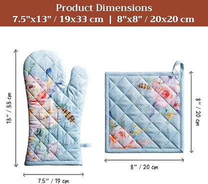 Maison d' Hermine 100% Cotton Oven Mitt & Pot Holder Set (7.5"x13" & 8"x8") Heat Resistant BBQ Cooking Gloves with Loop Baking Grilling Kitchen Hotel Home Farmhouse Spring Summer (Ibiza - Blue)