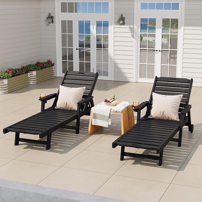 Garvee Lounge Chair Outdoor with Wheels & 5-Position Adjustable Backrest, Oversized Chaise Lounge with 2 Move Handle, HDPE Outdoor Lounge Chair w/Detachable Cup Holder, for Patio, Pool,Black