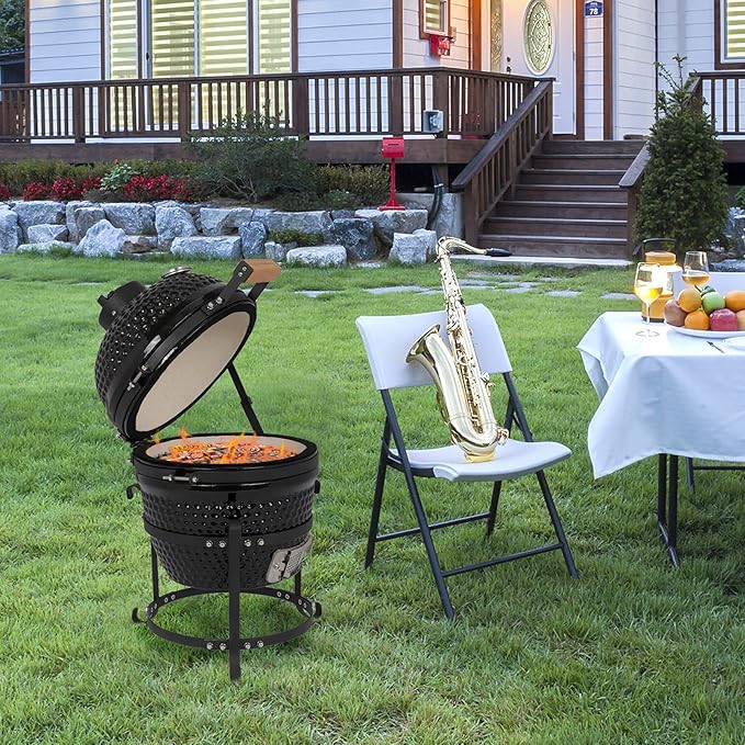 Black Ceramic Grill, 13" Round Charcoal Grill, Portable Barbecue Grill, Portable Charcoal Grill for Outdoor, Barbecue Grill, Outdoor BBQ Grill For Patio Barbecue Cooking