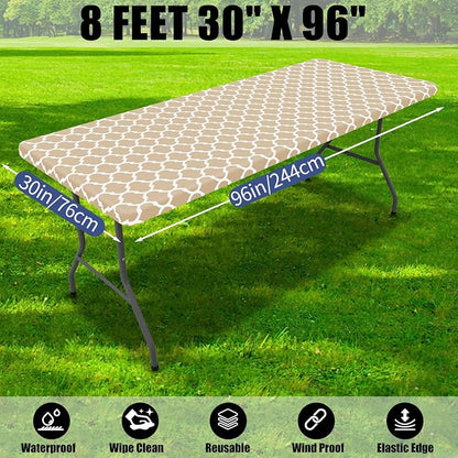 Smiry 2 Pack Rectangle Table Cloth 8 Foot, Waterproof Elastic Fitted Tablecloths, Windproof Washable Polyester Table Cover for Picnic, Camping, Outdoor (Khaki, 30"x96")