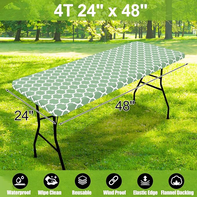 Smiry Picnic Fitted Table Cover, 4 Foot Flannel Backed Vinyl Tablecloth | Waterproof Elastic Stretch Table Cloth, Wipeable Plastic Tablecloth for Camping, Indoor & Outdoor (Sage Green, 24" x 48")