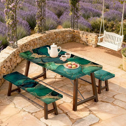 Marble Picnic Table Cover with Table Cover, Elastic Tablecloth for Outdoor Picnic Tables, Jade Green and Gold Texture Design, Tablecloth for Camping, Barbecue and Terrace Dining