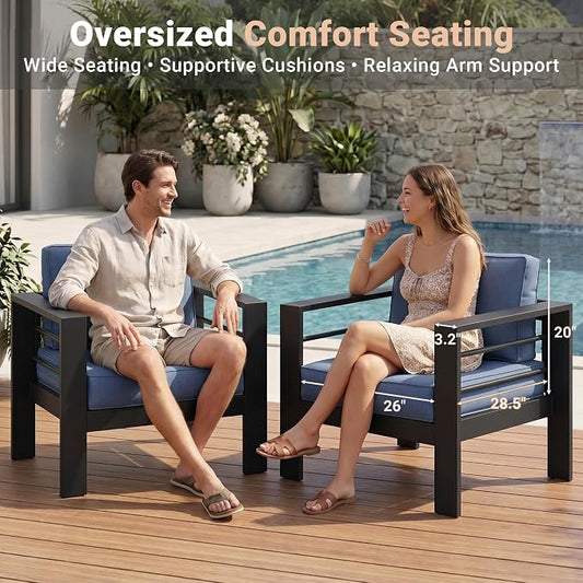 Solaste Patio Furniture Metal Armchair, 2 PCS All-Weather Aluminum Garden Outdoor Contemporary Sofa Chair with Cushions, Blue