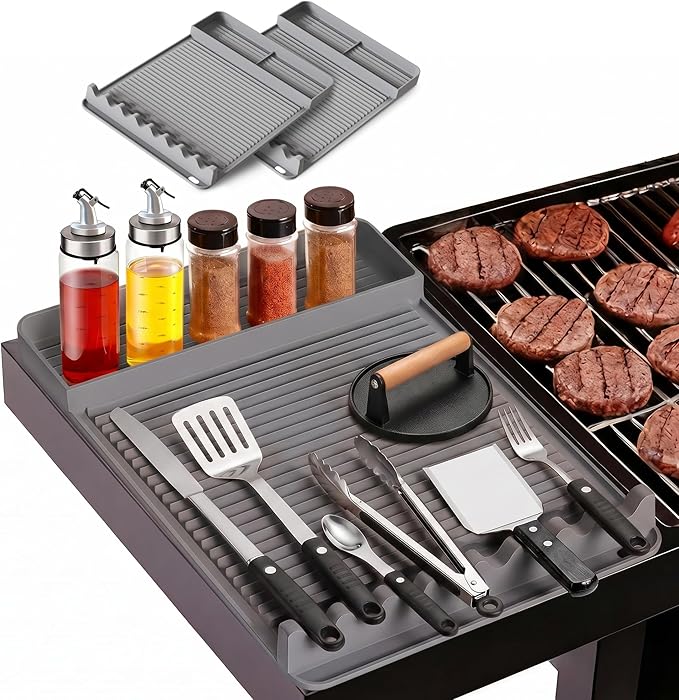 2Pack Silicone Grill Mat for Blackstone - 16x11.5 Inch Non-Slip Tool Mat with Sauce Drip Pad & Wavy Grip, Outdoor BBQ Accessories & Gifts for Men, Dad, Grilling （Grey）