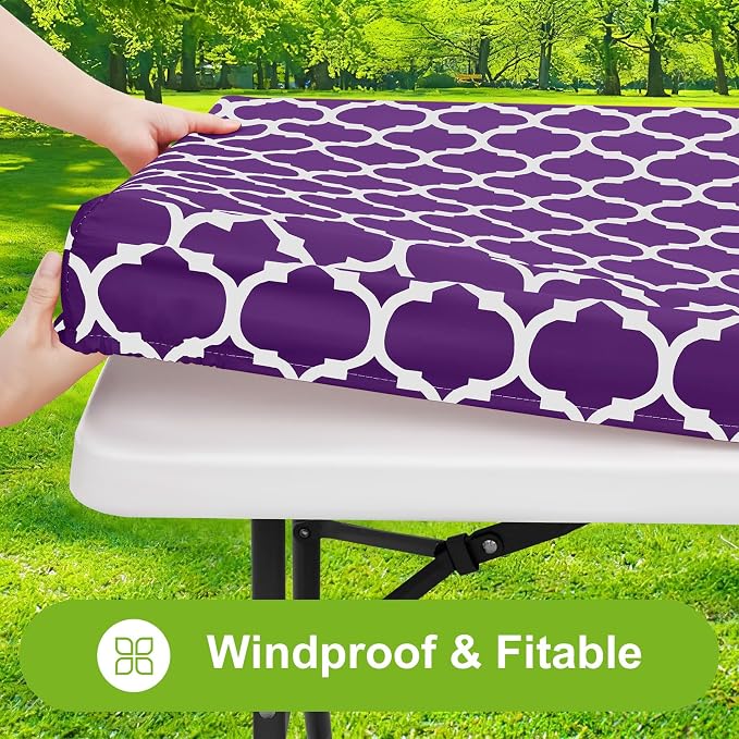 Smiry Picnic Fitted Table Cover, 6 Foot Flannel Backed Vinyl Tablecloth | Waterproof Elastic Stretch Table Cloth, Wipeable Plastic Tablecloth for Camping, Indoor & Outdoor (Purple, 30" x 72")