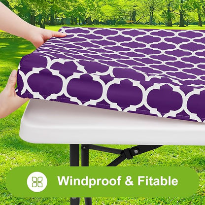 Smiry Picnic Fitted Table Cover, 8 Foot Flannel Backed Vinyl Tablecloth | Waterproof Elastic Stretch Table Cloth, Wipeable Plastic Tablecloth for Camping, Indoor & Outdoor (Purple, 30" x 96")