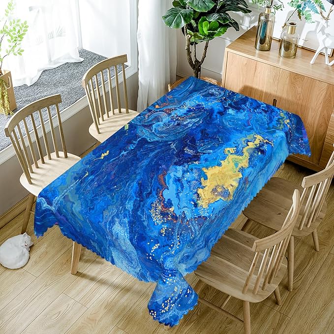 54x86inches Blue Marble Tablecloth Mixed Acrylic Paints Rectangle Waterproof Table Cover Stain Resistant and Washable Table Cloth for Kitchen Dining Room Indoor Outdoor Themed Party Decor