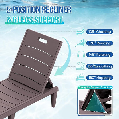 Greesum 4-Pack Adjustable Chaise Lounges, Brown | 5-Pos Recline, Waterproof PP, UV/Fade-Resist, Easy-Clean, Patio/Pool/Beach, Tool-Free
