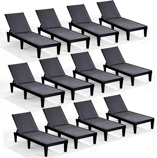 Nestl Patio Chairs - Black Chaise Lounge Chair Outdoor, 5-Position Adjustable Sun Tanning Chair, Waterproof Pool Lounge Chairs Set of 12, Reclining Lawn Chair, Lightweight Outdoor Lounge Chairs