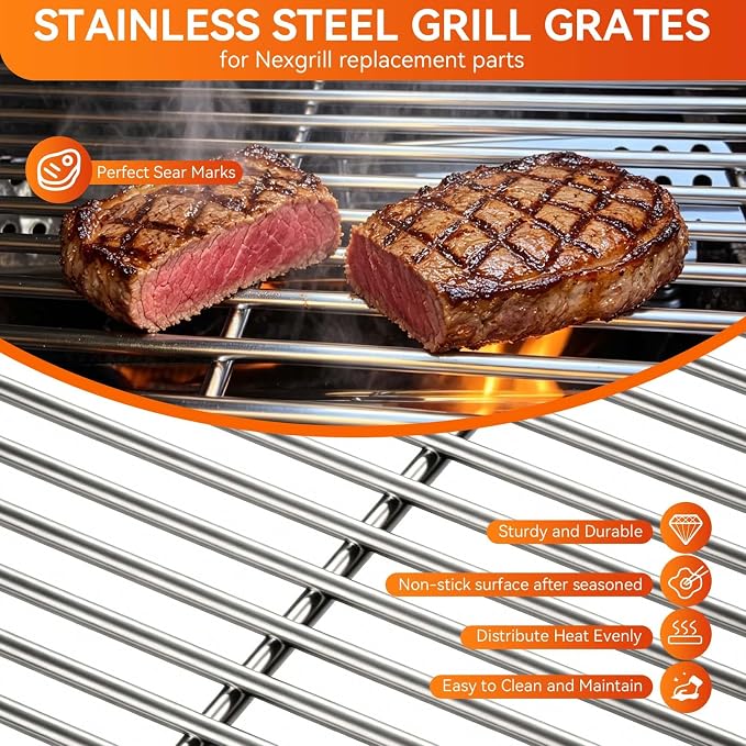 Grill Replacement Parts for Nexgrill 4-Burner 720-0830H 720-0830D 720-0783C 720-0783E 720-0958A,5-Burner 720-0888N, 17" Stainless Steel Grill Grate + Heat Plate + Burner Kit for Nexgrill