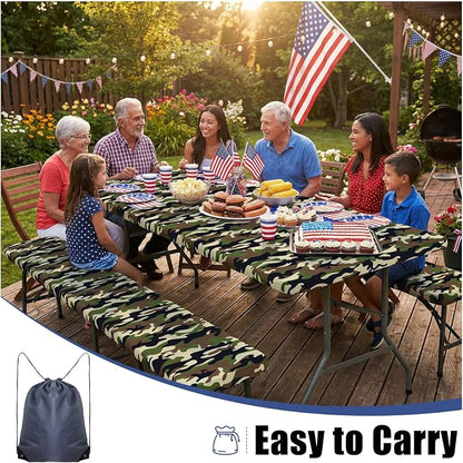 Smiry Picnic Table Cover with Bench Covers, Waterproof Elastic Fitted Tablecloth for 6 Foot Tables, Washable Polyester Camo Tablecloths for Camping & Patriotic Decor (Olive Drab, 30x72 Inch 3-pc Set)