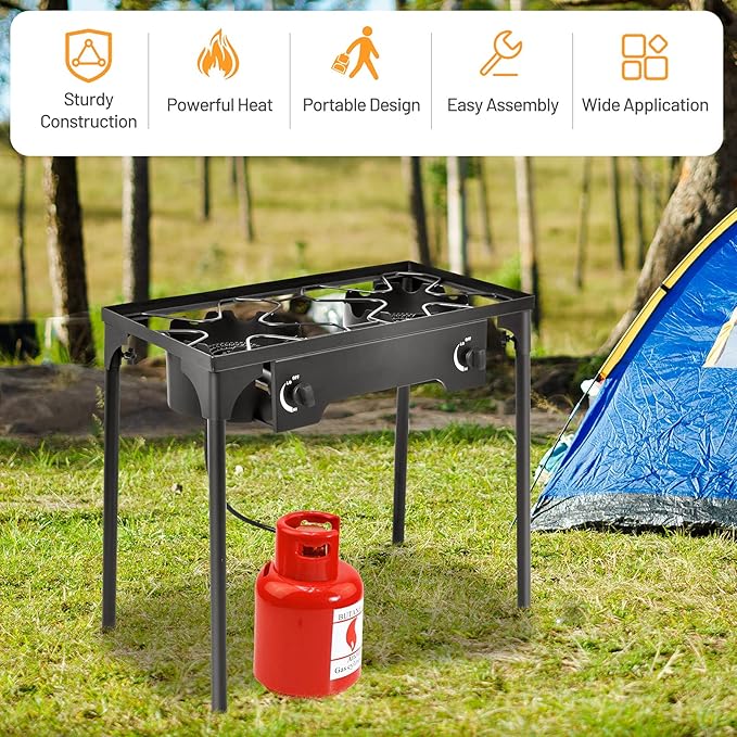 Giantex Outdoor Double Burner Stove, High Pressure 2 Burner Stand Max. 150,000 BTU total, 0-20 PSI Regulator Detachable Legs, Portable Dual Propane Grill Burner Stove for Camping Picnic Cookout