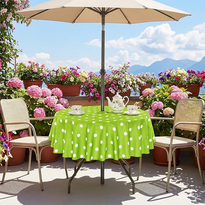 SquarePie 60'' Round Outdoor Tablecloth with Umbrella Hole Waterproof Zippered Table Cloth for Picnic Patio BBQs Backyard, Green Polka Dot