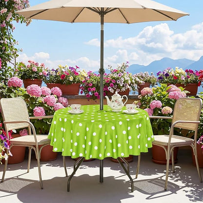 SquarePie 60'' Round Outdoor Tablecloth with Umbrella Hole Waterproof Zippered Table Cloth for Picnic Patio BBQs Backyard, Green Polka Dot