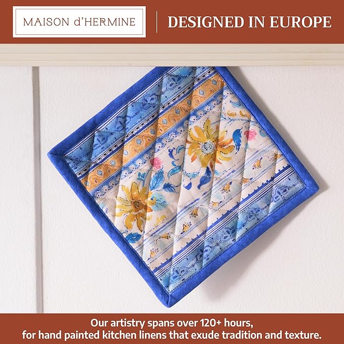 Maison d' Hermine Pot Holders 100% Cotton Heat Resistant Potholders 8" x 8" Hot Pads with Loop BBQ Cooking Baking Hotel Farmhouse Kitchen Handling Hot Pans Spring Summer (Pack of 1, Girassol)