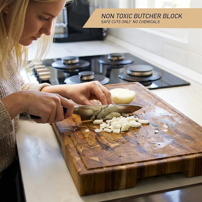 Teak Wood Cutting Board, 19.7 x 12.2 Inch (ExtraThick 1.7") Hardwood Butcher Block for Meat, Cheese, Charcuterie Board. End Grain Non Toxic Wood Chopping Board with Handle (Oil & Plate Included)
