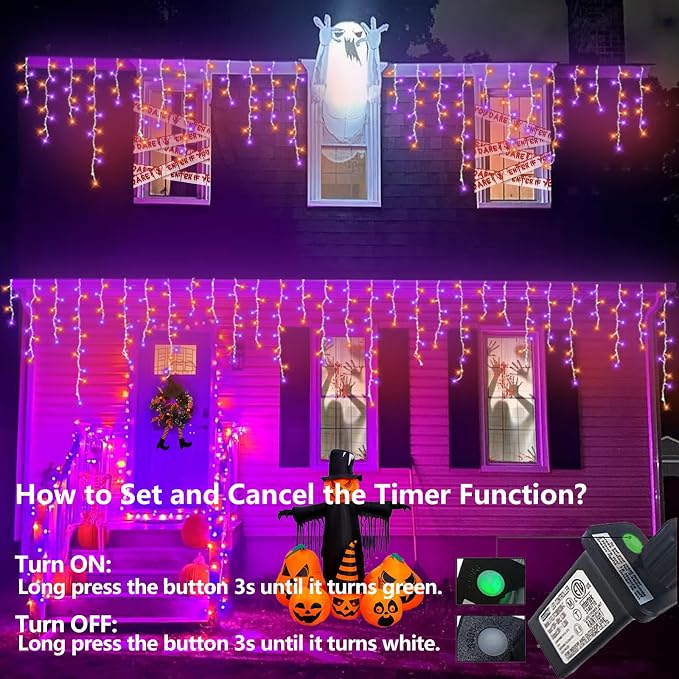 QITONG Orange and Purple Halloween Lights, 99ft 1200 LED Icicle Lights for Outside Plug in, Clear Wire String Light Indoor with 8 Modes