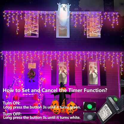 QITONG Orange and Purple Halloween Lights, 99ft 1200 LED Icicle Lights for Outside Plug in, Clear Wire String Light Indoor with 8 Modes