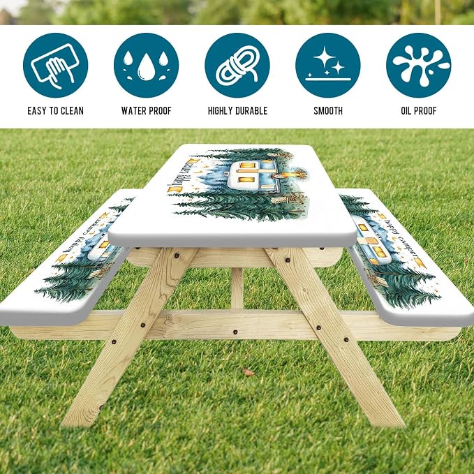 Picnic Table Cover with Bench Covers Elastic Edges, Happy Camper Fitted Table Cover, Outdoor Patio Camping Essentials 3PCS, Waterproof Camping Fitted Tablecloth with Drawstring Bag 72in White
