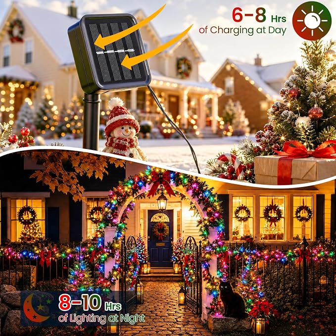 Solar Christmas Lights Outdoor Waterproof Solar Powered String Lights for Christmas Decorations, Total 100LED 45FT for Yard Pathway Garden Fence, 8 Modes 50LED x 2 Packs, Colorful