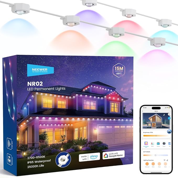 NEEWER 48ft Permanent Outdoor Lights for House Decor, Smart AI RGB IC CW Outside Eaves String Christmas Lighting, 30 LED Lights, App Control 50+ Scenes IP65 Waterproof, Compatible with Alexa, NR02