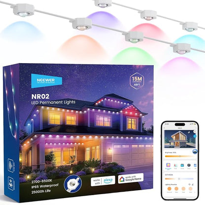 NEEWER 48ft Permanent Outdoor Lights for House Decor, Smart AI RGB IC CW Outside Eaves String Christmas Lighting, 30 LED Lights, App Control 50+ Scenes IP65 Waterproof, Compatible with Alexa, NR02