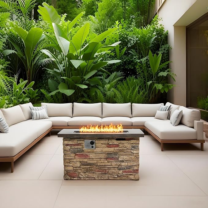 KEIKI 42 Inch Rectangular Gas Fire Pit, Concrete Propane Fire Table with Stone Texture, 50000 BTU Outdoor Heating for Backyard Patio