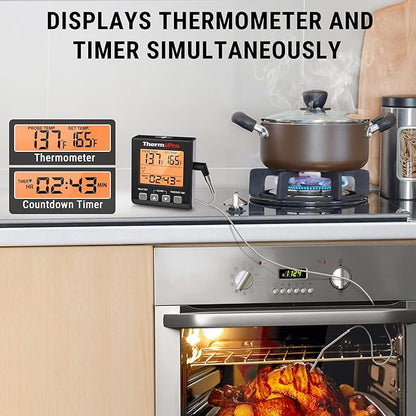ThermoPro TP16SW Digital Meat Thermometer for Cooking and Grilling, BBQ Food Thermometer with Backlight and Kitchen Timer, Grill Temperature Probe Thermometer for Smoker, Barbecue, Oven, Black