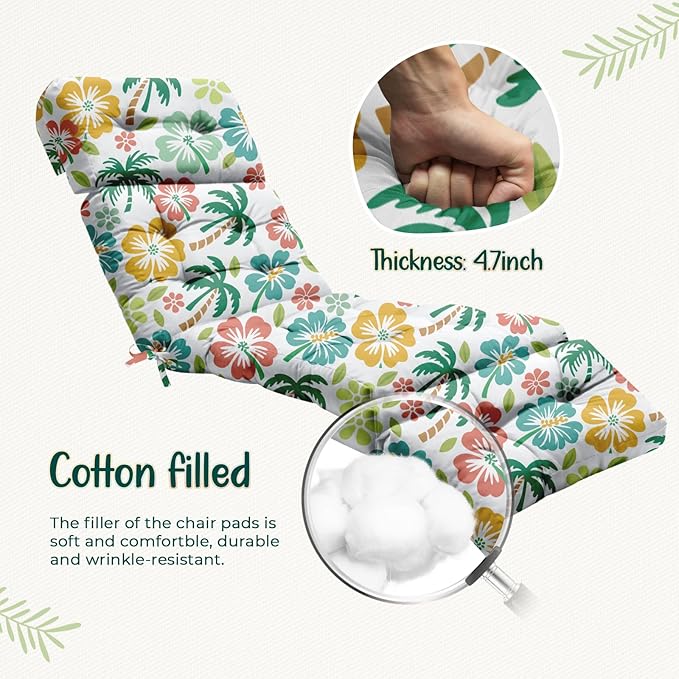 2 Pack Outdoor Chaise Lounge Chair Cushion 75.1 x 22.8 x 4.7 Inches 100% Waterproof Replacement Cotton Patio Pool Lounge Chair Cushion for Outdoor Furniture with Ties, Green Coconut Tree