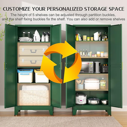 GAIOUS 75.2" Tall Kitchen Food Pantry, Pantry Cabinet with 2 Door and 5 Adjustable Shelves, Green Laundry Room Cabinets, Freestanding Pantry for Kitchen, Study Room, Dining Room and Entryway