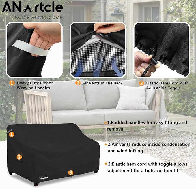 ANartcle 3-Seater Patio Sofa Cover,76W x 32.5D x 33H Inches Outdoor Couch Cover,100% Waterproof Heavy Duty Patio Sofa Covers,Patio Furniture Covers,Black