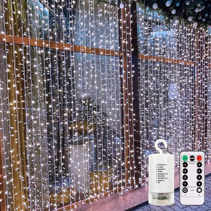 echosari 9.8Ft×9.8ft Curtain Lights Battery Operated with Remote Cool White | 300 LED Hanging Light Timer Fairy Curtain Lights for Bedroom Patio Wedding Backdrop Party Decór