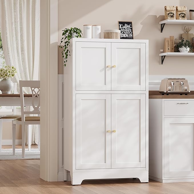 43" H Small Storage Cabinets,Metal White Pantry Cabinets with Doors,Food Pantry Cabinet with 4 Doors and Shelves for Kitchen Dining Room