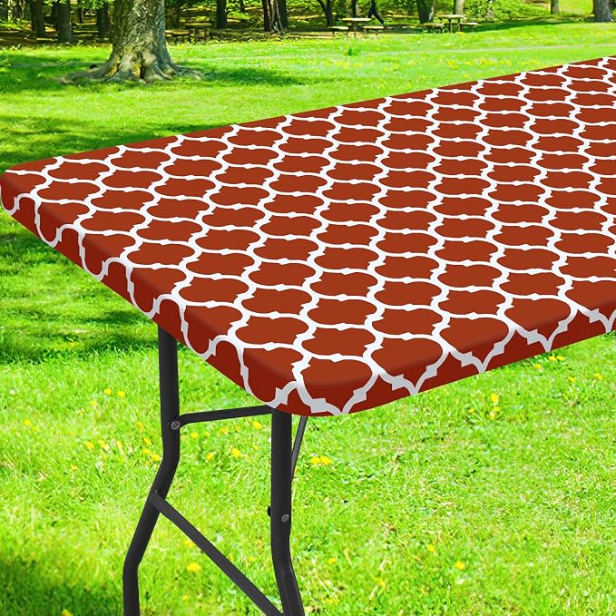 Smiry Picnic Fitted Table Cover, 8 Foot Flannel Backed Vinyl Tablecloth | Waterproof Elastic Stretch Table Cloth, Wipeable Plastic Tablecloth for Camping, Indoor & Outdoor (Rust, 30" x 96")