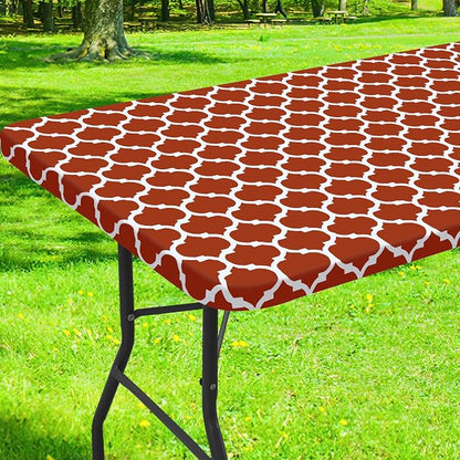 Smiry Picnic Fitted Table Cover, 8 Foot Flannel Backed Vinyl Tablecloth | Waterproof Elastic Stretch Table Cloth, Wipeable Plastic Tablecloth for Camping, Indoor & Outdoor (Rust, 30" x 96")