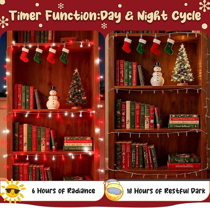 cshare Red and White Christmas Lights Outdoor Battery Operated, Chrristmas String Lights with Timer Waterproof Clear Wire for Indoor & Outdoor Christmas Decorations Garland Party Garden