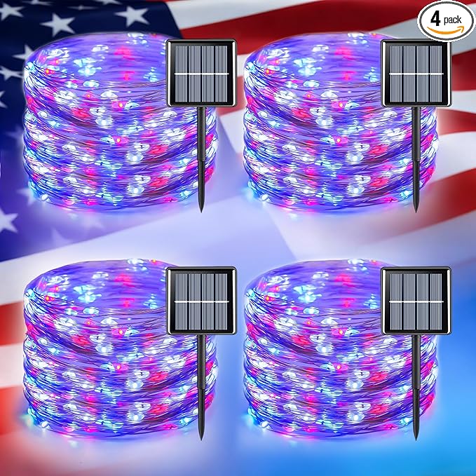 YEGUO 4 Pack Red White and Blue Solar Lights, Each 33ft 100 LED 4th of July Solar Fairy Lights Outdoor Waterproof, 8 Modes Sliver Wire Patriotic String Lights for Independence Memorial Day Decoration