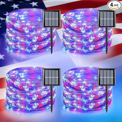 YEGUO 4 Pack Red White and Blue Solar Lights, Each 33ft 100 LED 4th of July Solar Fairy Lights Outdoor Waterproof, 8 Modes Sliver Wire Patriotic String Lights for Independence Memorial Day Decoration