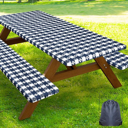 Smiry Picnic Table Cover with Bench Covers, Waterproof Elastic Fitted Tablecloth for 5 Foot Tables, Washable Polyester Tablecloths for Camping & Indoor (Dark Blue & White, 30x96 Inch 3-pc Set)