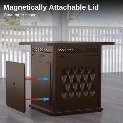 EAST OAK 28'' Propane Fire Pit Table, 50,000 BTU Steel Gas FirePit for Outdoor, Outside Patio Deck and Garden, CSA Certified Fire Table with Magnetic Lid, Cover-Storage Basket and Lava Rock , Brown