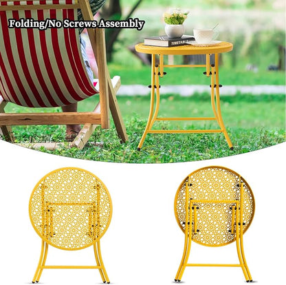 TeoKJ Folding Outdoor Side Table, Small Patio Table with Flower Cutouts | Metal Round Anti Rust Patio Desk, No Assembly Small Nightstand for Yard, Balcony, Lawn, Pool, Lightweight, Yellow