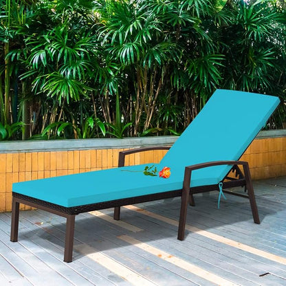 Tangkula Patio Rattan Lounge Chair, Outdoor Reclining Chaise with Cushion and Armrest, Wicker Sun Lounger with Adjustable Backrest for Garden, Balcony, Poolside (1, Turquoise)