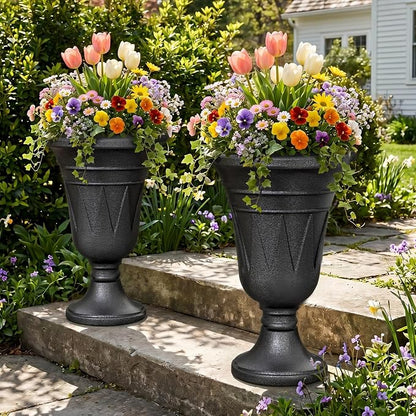 24" Tall Urn Planters for Outdoor Plants, Urns and Pedestal, Black | Resin HDPE Weather-Resistant Material, Vintage Trophy Design Outdoor Planters with Drainage Holes, Flower Pot/Vase/Porch Door