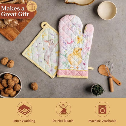 Maison d' Hermine Pot Holders 100% Cotton Heat Resistant Potholders 8" x 8" Hot Pads with Loop BBQ Cooking Baking Hotel Farmhouse Kitchen Handling Hot Pans Spring Summer (Pack of 1, Easter Zest)