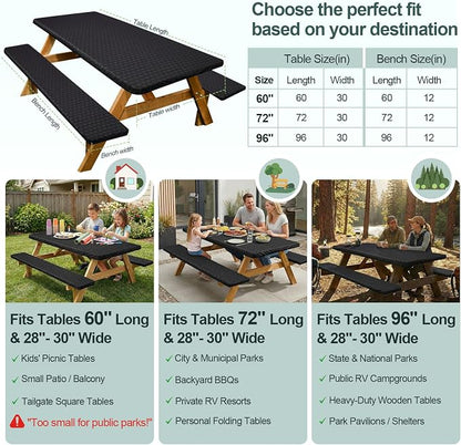 Picnic Table Cover Bench Covers Camping Essentials Tablecloth | Waterproof Vinyl for Outdoor, Windproof Elastic Fitted Edges, RV BBQ Accessories Must Haves, Storage Bag Included